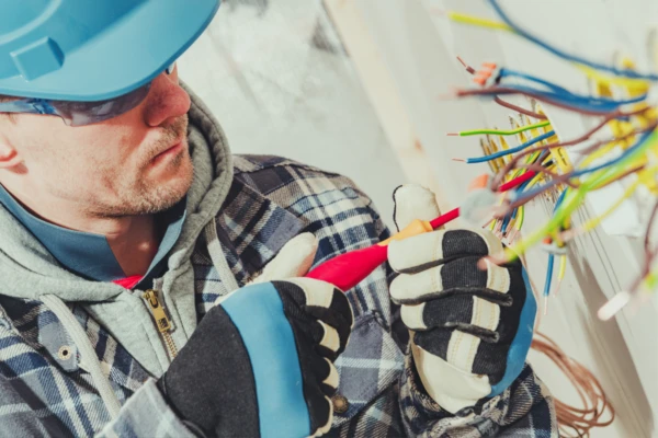werker Electriciteitwerken aan het doen op kabels in gent